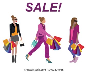 Vector fashion illustration of modern pretty trendy girls holding colorful paper bags. Shopping. Sale. Flat graphic