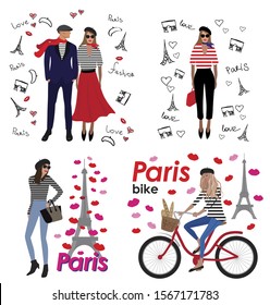 Vector fashion illustration of modern pretty woman in striped t shirt. French style. Spring summer collection. Paris style. Summer holiday. Flat graphic. French set
