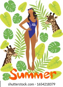 Vector fashion illustration of modern pretty trendy girl in blue bikini on background with tropical palm leaves and giraffe. Summer holiday collection. Flat graphic