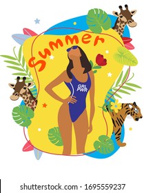 Vector fashion illustration of modern pretty trendy girl in blue bikini on background with tropical palm leaves, tiger and giraffe. Summer holiday collection. Flat graphic