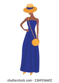 Vector fashion illustration of modern stylish pretty woman in blue dress, summer hat  and bag. Spring summer holiday collection. Flat graphic