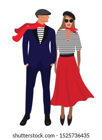 Vector fashion illustration of modern stylish pretty woman in striped t-shirt and red skirt and stylish handsome man in suit and cap. Romantic parisian couple. 