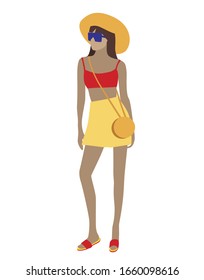 Vector fashion illustration of modern stylish pretty woman in short skirt and top. Spring summer vacation collection. Flat graphic