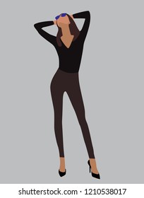 Vector fashion illustration of modern trendy standing girl. Flat graphics