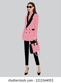 Vector fashion illustration of modern trendy girl in pink and black suit.
