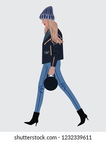 Vector fashion illustration of modern trendy pretty girl in black leather jacket. Flat graphic. Fall winter collection