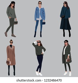 Vector fashion illustration of modern trendy pretty girls. Flat graphic. Fall winter collection set