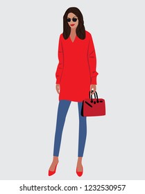 Vector fashion illustration of modern trendy pretty girl in red dress and blue jeans. Flat graphic. Fall winter collection