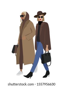 Vector fashion illustration of modern trendy stylish pretty girls. Best friends. Walking girls. Flat graphic. Fall winter collection