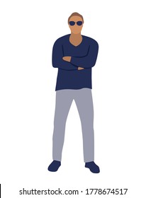 Vector fashion illustration of modern trendy man in sweatshirt and jeans. Fashion summer collection. Flat graphics