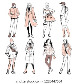 Vector fashion illustration of modern young girl models in spring autumn cloth collection isolated on white background. Hand drawn lady in sketch style. Perfect for banners, advertising, flayers etc.