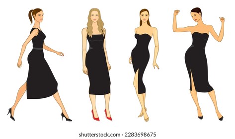 Vector fashion illustration of outline posing girls in sheath and cocktail black dresses, set, isolated, on white background.