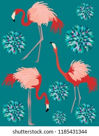 Vector fashion illustration of pink flamingo and green flowers