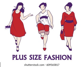 Vector fashion illustration - plus size model women set. Fashion logo with overweight young girl in elegant dress. Beautiful curvy woman body icon design XL plus size model, fashion lifestyle catwalk
