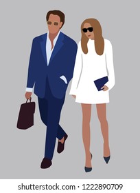 Vector fashion illustration of pretty girl in white dress  and handsome man in blue suit. Relationships. Romantic date. Meeting. Couple