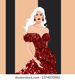 Ilustración vectorial de la moda, una mujer bastante joven con una bella figura en un lujoso vestido rojo brillante de noche con hombros desnudos.