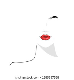 Vector fashion illustration of red lips isolated over white background. Lips with purple lipstick. Hand drawn vector idea for business visit cards, templates, web, salon banners, brochures.