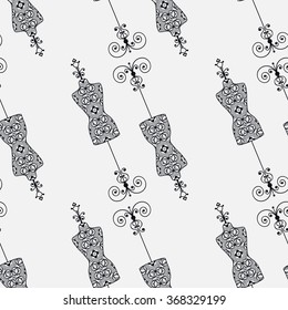 Vector fashion illustration, seamless pattern with vintage tailor's dummy for female body, repeating monochrome texture. Black and white background