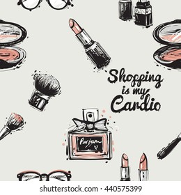 Vector fashion illustration shopping is my cardio lettering, hipster glasses, blush brush, makeup brush, red lipstick, couple lipstick, blush, french perfume. Trend glamour fashion seamless pattern. 