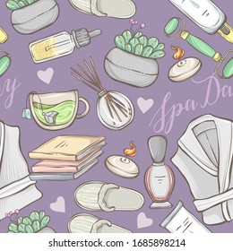 Vector fashion illustration. Spa day. Set of different face and body care items. Bathrobe, slippers, cream, serum, perfume, facial massage roller. Handmade, purple background, seamless