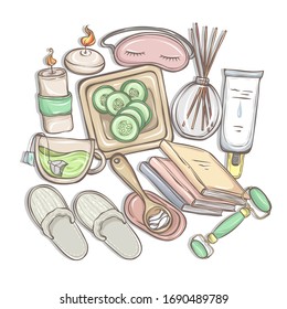 Vector fashion illustration. Spa day. Set of different face and body care items.jade roller, blindfold sleep, candles, slippers, cucumbers, magazines, cream.Handmade, print on t-shirt