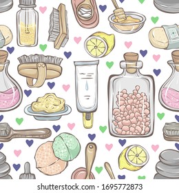 Vector fashion illustration. Spa day. Set of different face and body care items. bath salt, massage stones, massage brushes, massage stones.Handmade, light background, seamless pattern
