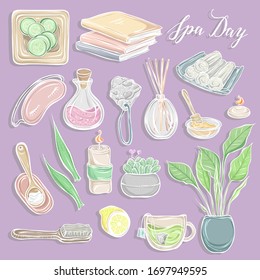 Vector fashion illustration. Spa day, print on t-shirt. handmade. Set of different face and body care items. purple background