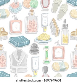 Vector fashion illustration. Spa day, print on t-shirt. handmade. Set of different face and body care items. light  background, seamless pattern