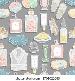 Vector fashion illustration. Spa day, print on t-shirt. handmade. Set of different face and body care items. grey background, seamless pattern