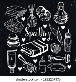 Vector fashion illustration. Spa day. Set of different face and body care items.  Handmade, stickers, print on t-shirt , background chalkboard