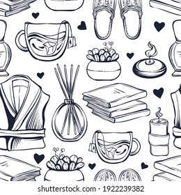 Vector fashion illustration. Spa day. Set of different face and body care items. Handmade, light  background, seamless pattern