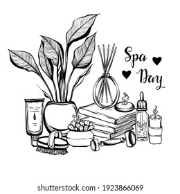 Vector fashion illustration. Spa day. Different items for home spa.  Handmade, stickers, print on t-shirt, postcard