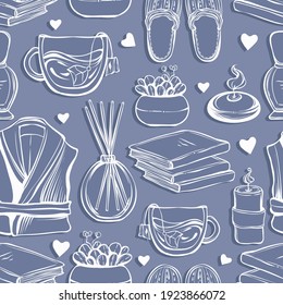 Vector fashion illustration. Spa day. Set of different face and body care items. Handmade, blue  background, seamless pattern