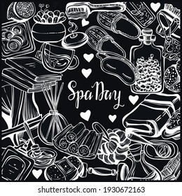 Vector fashion illustration. Spa day. Set of different face and body care items. Handmade, background chalkboard