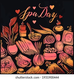 Vector fashion illustration. Spa day. Set of different face and body care items. background chalkboard, handmade