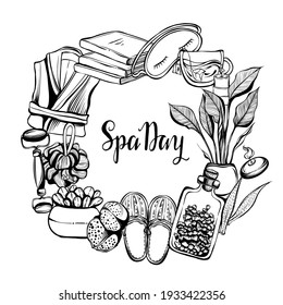 Vector fashion illustration. Spa day. Set of different face and body care items. Stickers, print on t-shirt, handmade