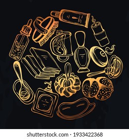 Vector fashion illustration. Spa day. Set of different face and body care items, background chalkboard