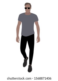 Vector fashion illustration of stylish handsome stylish man in jeans and t-shirt.  Spring  summer illustration. 