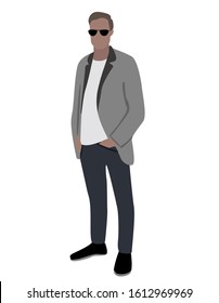 Vector fashion illustration of stylish handsome stylish  man.  Fall winter illustration. 