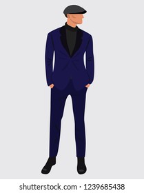 Vector fashion illustration of stylish modern man in blue suit. Fall winter collection. Flat graphic 