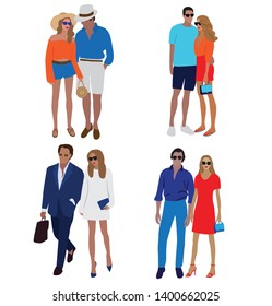 Vector fashion illustration of stylish pretty girl and handsome stylish man. Stylish couple. Relationships. Couple set flat  illustration. Romantic couple