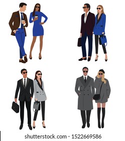 Vector fashion illustration of stylish pretty girl and handsome stylish man. Stylish couple. Relationships. Couple set flat  illustration. Romantic couple. Business team