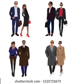 Vector fashion illustration of stylish pretty girl and handsome stylish man. Stylish couple in relationships. Couple flat illustration set. Romantic couple or business team