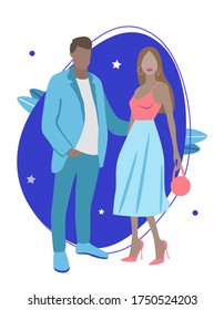 Vector fashion illustration of stylish pretty girl and handsome stylish man. Stylish couple. Relationships. Couple set flat  illustration. Romantic couple