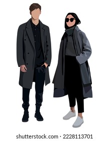 Vector fashion illustration of stylish pretty girl and handsome stylish man. Stylish couple. Relationships. Fall winter illustration. Romantic couple