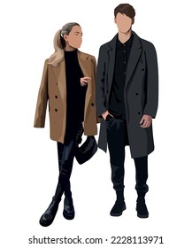 Vector fashion illustration of stylish pretty girl and handsome stylish man. Stylish couple. Relationships. Fall winter illustration. Romantic couple