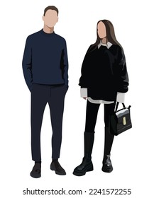 Vector fashion illustration of stylish pretty girl and handsome stylish man. Stylish couple. Relationships. Fall winter illustration. Romantic couple