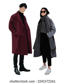 Vector fashion illustration of stylish pretty girl and handsome stylish man. Stylish couple. Relationships. Fall winter illustration. Romantic couple
