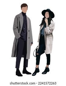 Ilustración de moda vectorial de una chica bonita y elegante y guapa. Una pareja elegante. Relaciones. Ilustración del invierno de otoño. Romántico