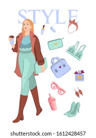 Vector fashion illustration with stylish young woman, bag, perfume, lipstick, clutch, glasses, ear rings, bra. Casual outfit in modern colors. Poster for magazines, social media, shops and boutiques. 